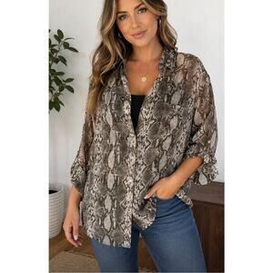 Kut from the Kloth Snake Print Button Front Blouse Size Large Brown Sheer Roll